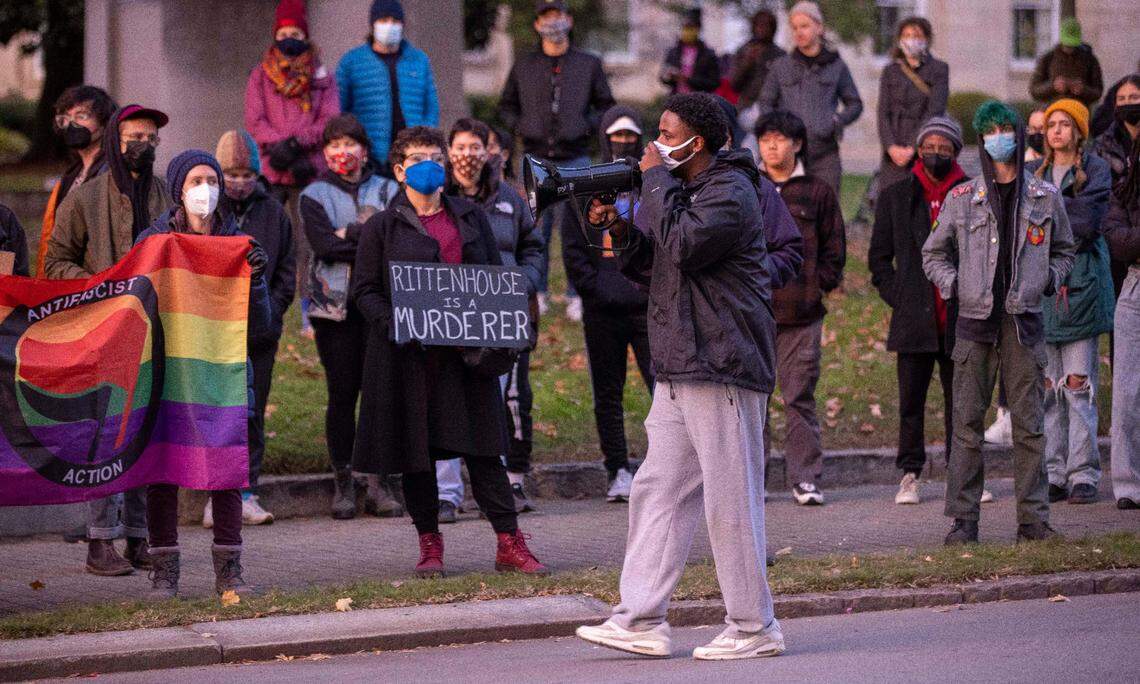 Several dozen demonstrators gathered at the State Capital along E. Morgan Street voicing their opposition to the verdict in the Kyle Rittenhouse case on Saturday, November 20, 201 in Raleigh, N.C.