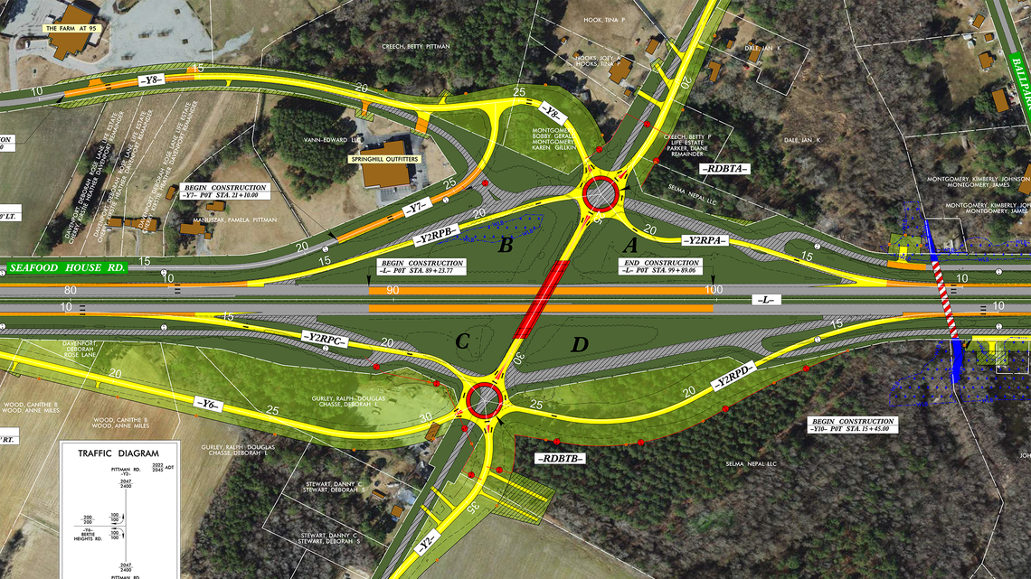This is one of two options for rebuilding the Pittman Road interchange with Interstate 95 near Micro. The N.C. Department of Transportation will hold a public meeting about rebuilding all three I-95 interchanges at Micro on Monday, Oct. 24.