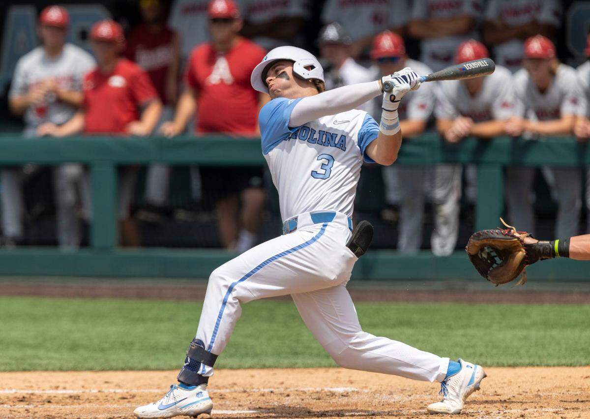 North Carolinas Colby Wilkerson (3) follows through on his swing after connecting for a base hit in the second inning against Arkansas during the first game of Super Regional series on Saturday, June 11, 2022 at Boshamer Stadium in Chapel Hill, N.C.