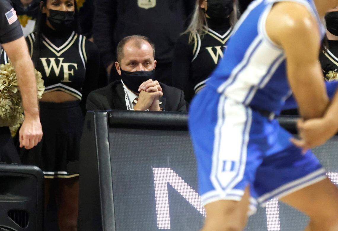 ACC Commissioner Jim Phillips watches Dukes game against Wake Forest at LJVM Coliseum in Winston-Salem, N.C., Wednesday, January 12, 2022.