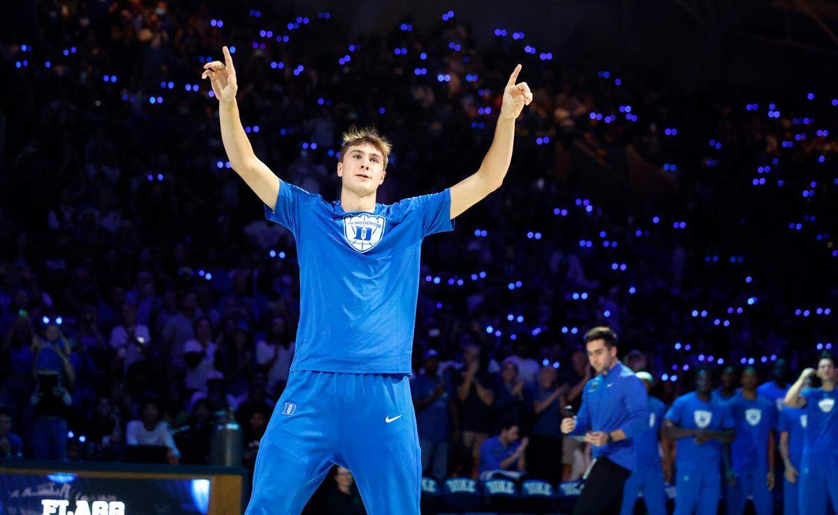 Duke’s Cooper Flagg acknowledges the crowd after being introduced during the Blue Devils’ Countdown to Craziness at Cameron Indoor Stadium in Durham, N.C., Friday, Oct. 4, 2024.