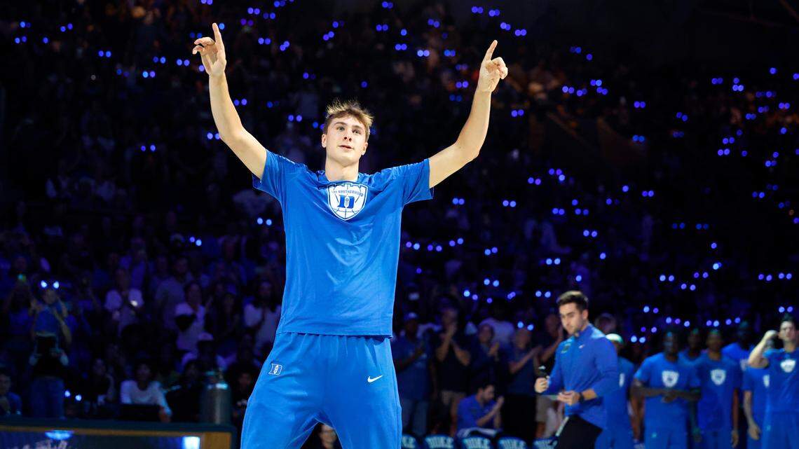 Duke’s Cooper Flagg acknowledges the crowd after being introduced during the Blue Devils’ Countdown to Craziness at Cameron Indoor Stadium in Durham, N.C., Friday, Oct. 4, 2024.