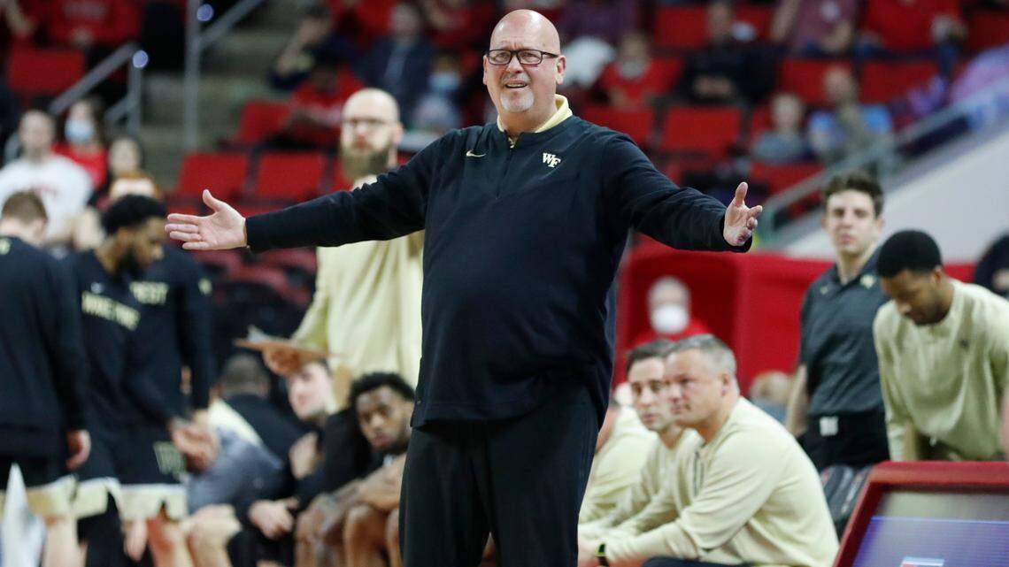 Wake Forest head coach Steve Forbes questions a call during the second half of Wake Forest’s 69-51 victory over N.C. State at PNC Arena in Raleigh, N.C., Wednesday, Feb. 9, 2022.