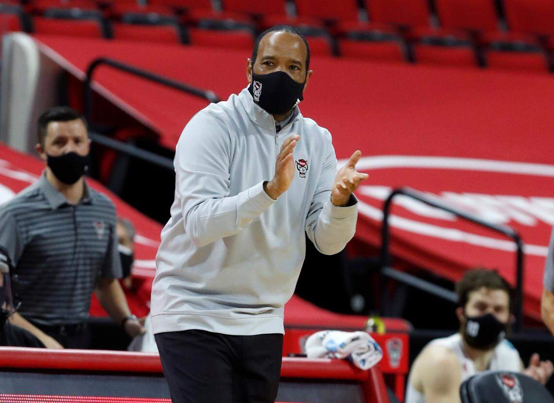 N.C. State head coach Kevin Keatts encourages his team during the first half of N.C. State’s game against Boston College at PNC Arena in Raleigh, N.C., Wednesday, December 30, 2020.