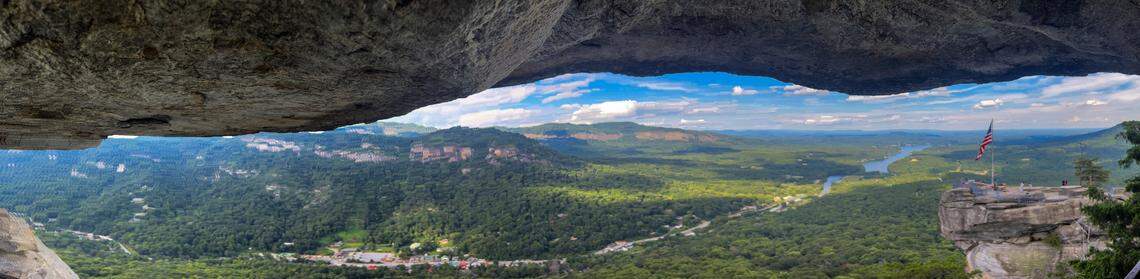 A view of Hickory Nut Gorge, Lake Lure and Chimney Rock from Chimney Rock State Park.