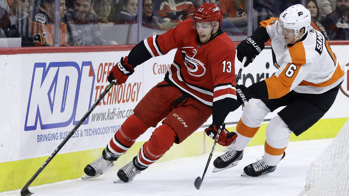 Carolina Hurricanes’ Warren Foegele, left, and Philadelphia Flyers’ Travis Sanheim race for the puck during the first period of an NHL hockey game Thursday, Jan. 3, 2019, in Philadelphia. (AP Photo/Matt Slocum)