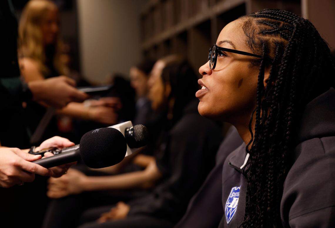 Duke’s Ashlon Jackson answers questions from media in the locker room at Legacy Arena on Saturday, March 29, 2025, in Birmingham, Ala. Duke will face South Carolina in the NCAA Tournament Elite Eight on Sunday.