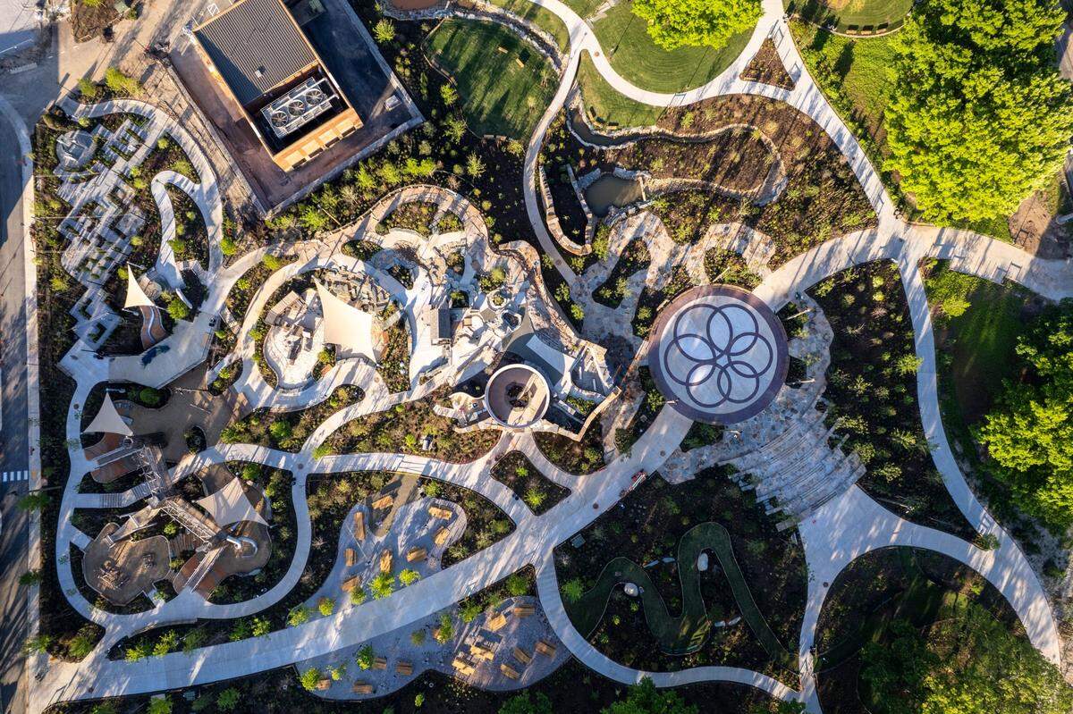 An aerial view of the nearly completed Gipson Play Plaza at Dix Park in Raleigh on Wednesday, April 16, 2025.