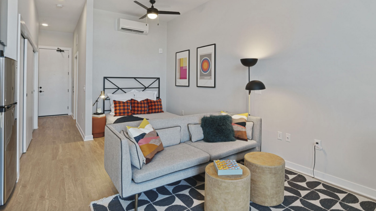Photo of the inside of an apartment at Atlas Durham. It opened at 321 W. Corporation St. last year with 171 units — many between 360 and 500 square feet.