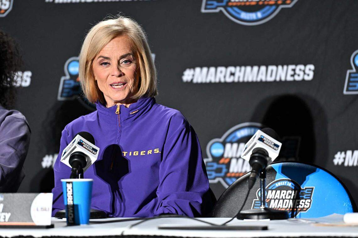 LSU Lady Tigers head coach Kim Mulkey talks with media during an NCAA Tournament practice session at Spokane Arena.