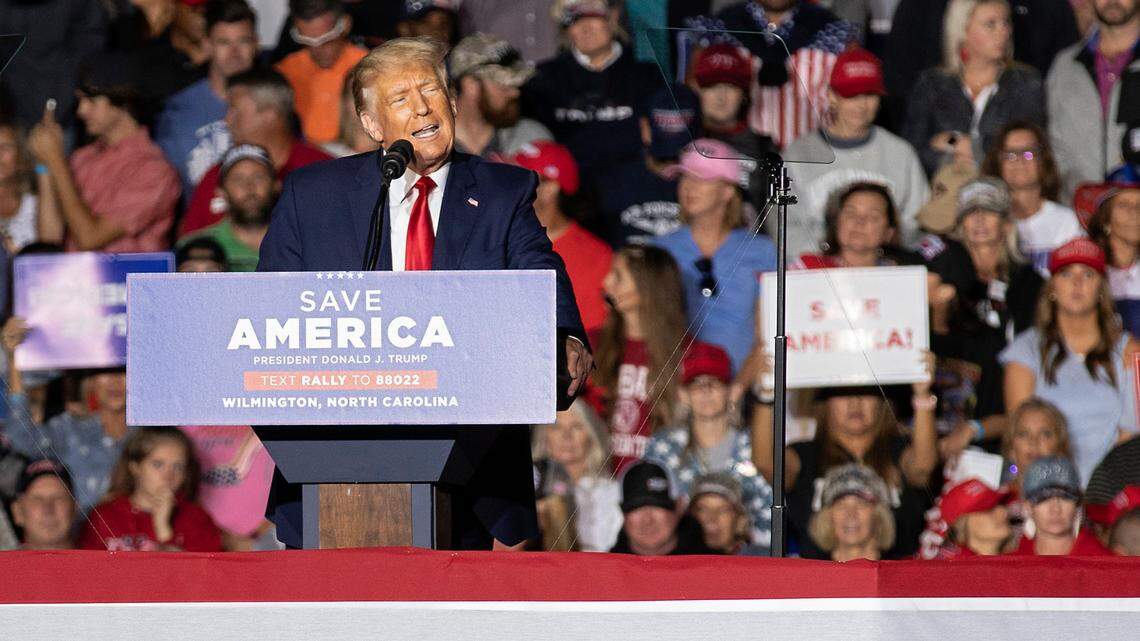Former president Donald Trump speaks during a rally at Wilmington International Airport on Friday, Sept. 23, 2022.