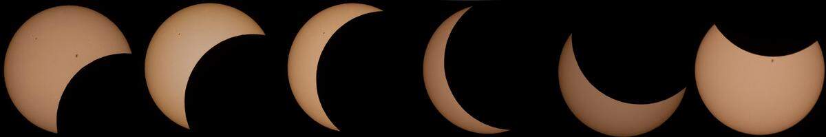 A composite image of the solar eclipse as seen during a watch party at the Morehead Planetarium and Science Center at UNC-Chapel Hill on Monday, April 8, 2024.