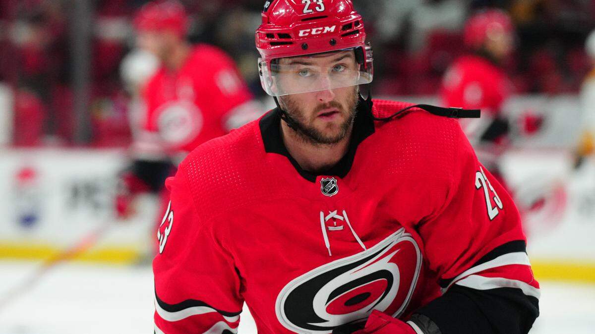 Dec 15, 2023; Raleigh, North Carolina, USA; Carolina Hurricanes right wing Stefan Noesen (23) skates before the game against the Nashville Predators at PNC Arena. Mandatory Credit: James Guillory-USA TODAY Sports