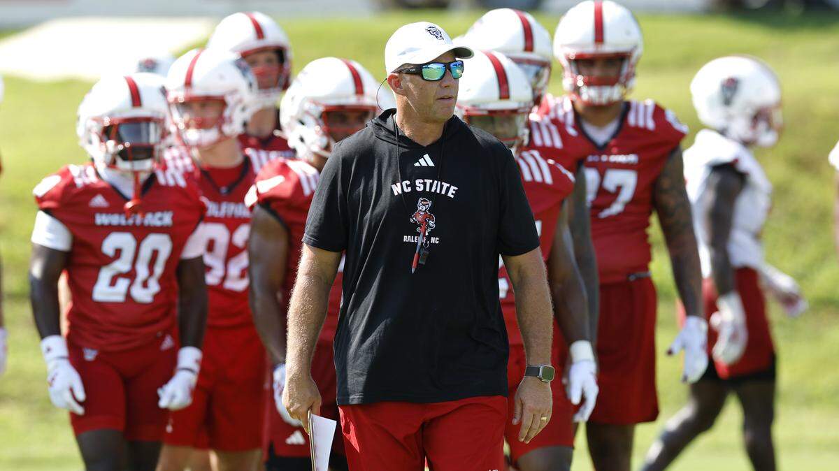 N.C. State head coach Dave Doeren watches during the Wolfpack’s first fall practice Wednesday, July 30, 2025.