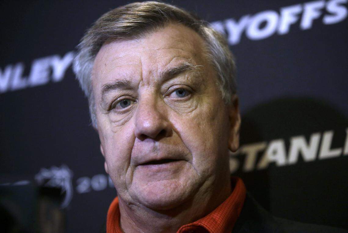 Carolina Hurricanes general manager Don Waddell faces reporters during&nbsp;a media availability Wednesday, May 8, 2019, in Boston, in advance of Thursday’s Game1 of the NHL hockey Stanley Cup Eastern Conference finals against the Boston Bruins. (AP Photo/Steven Senne)