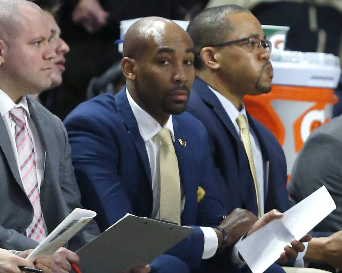 Wake Forest assistant coach Jamill Jones, center, watches during the second half of N.C. State’s 90-84 victory over Wake Forest at the LJVM Coliseum in Winston-Salem, NC Saturday, Feb. 17, 2018.