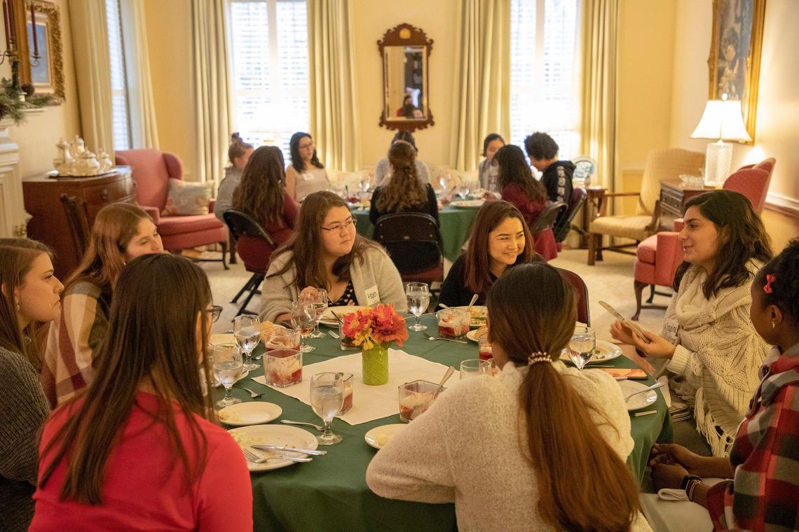 About 20 students gathered for an annual Thanksgiving lunch hosted by Meredith College president Jo Allen at her home for students who stay on campus for the holiday, on Wednesday, 27, 2019, in Raleigh, NC.