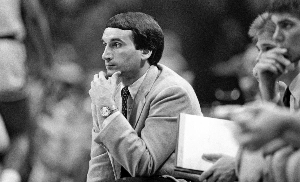 Duke basketball coach Mike Krzyzewski looks on as his Blue Devils fall to Ralph Sampson and Virginia, 109-66, in the 1983 ACC Tournament in Atlanta.