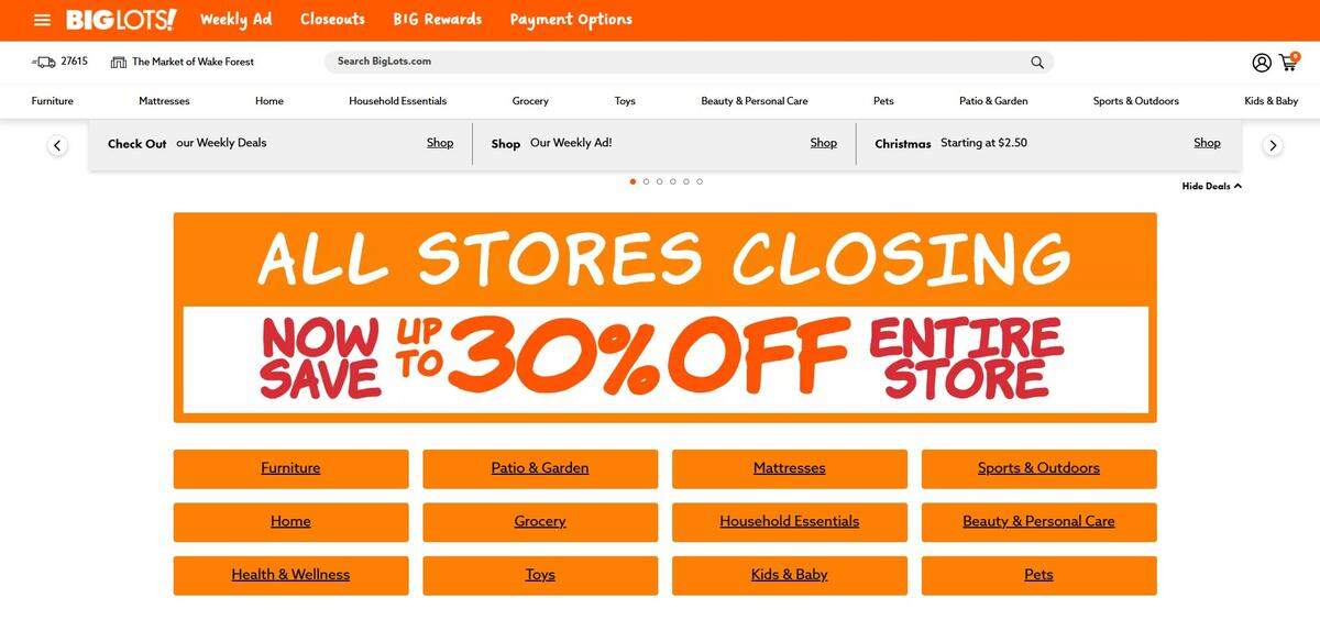This screen grab of the Big Lots home page, taken Jan. 7, 2025, shows the “All stores closing” message.