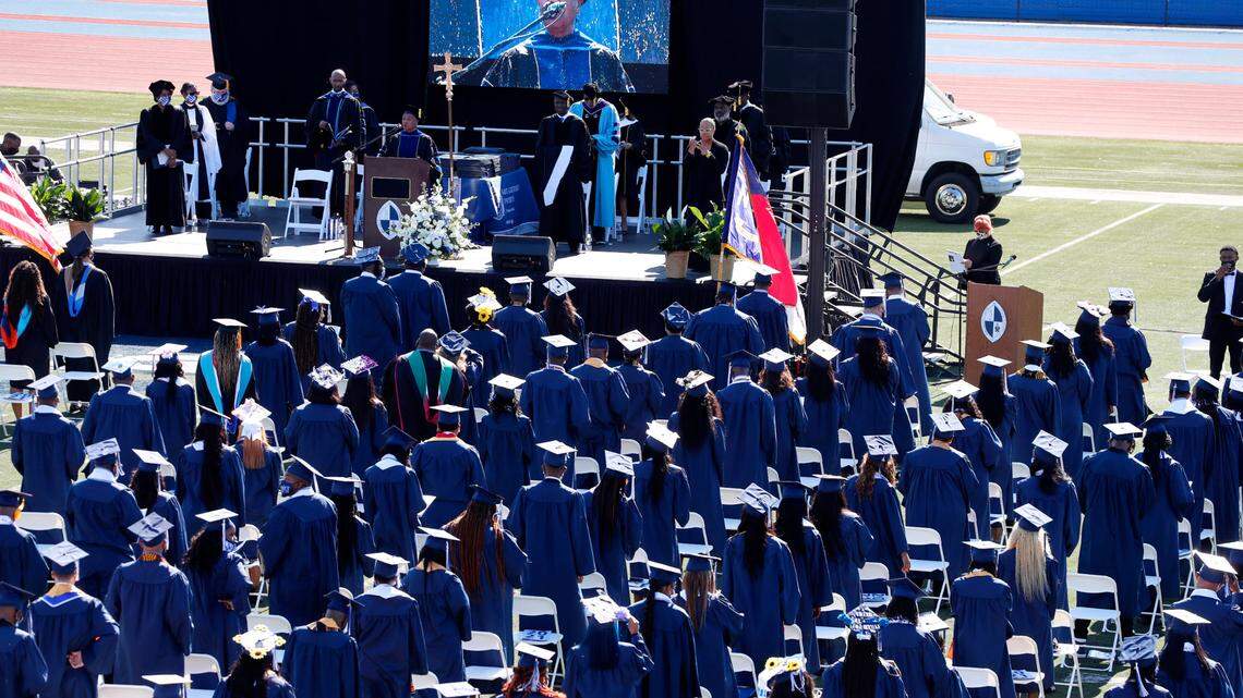 Members of the Classes of 2020 and 2021 listen to Dr. Christine McPhail, president of St. Augustine’s University, speak during commencement exercises for the Classes of 2020 and 2021 at St. Augustine’s University in Raleigh, N.C., Saturday, May 1, 2021.