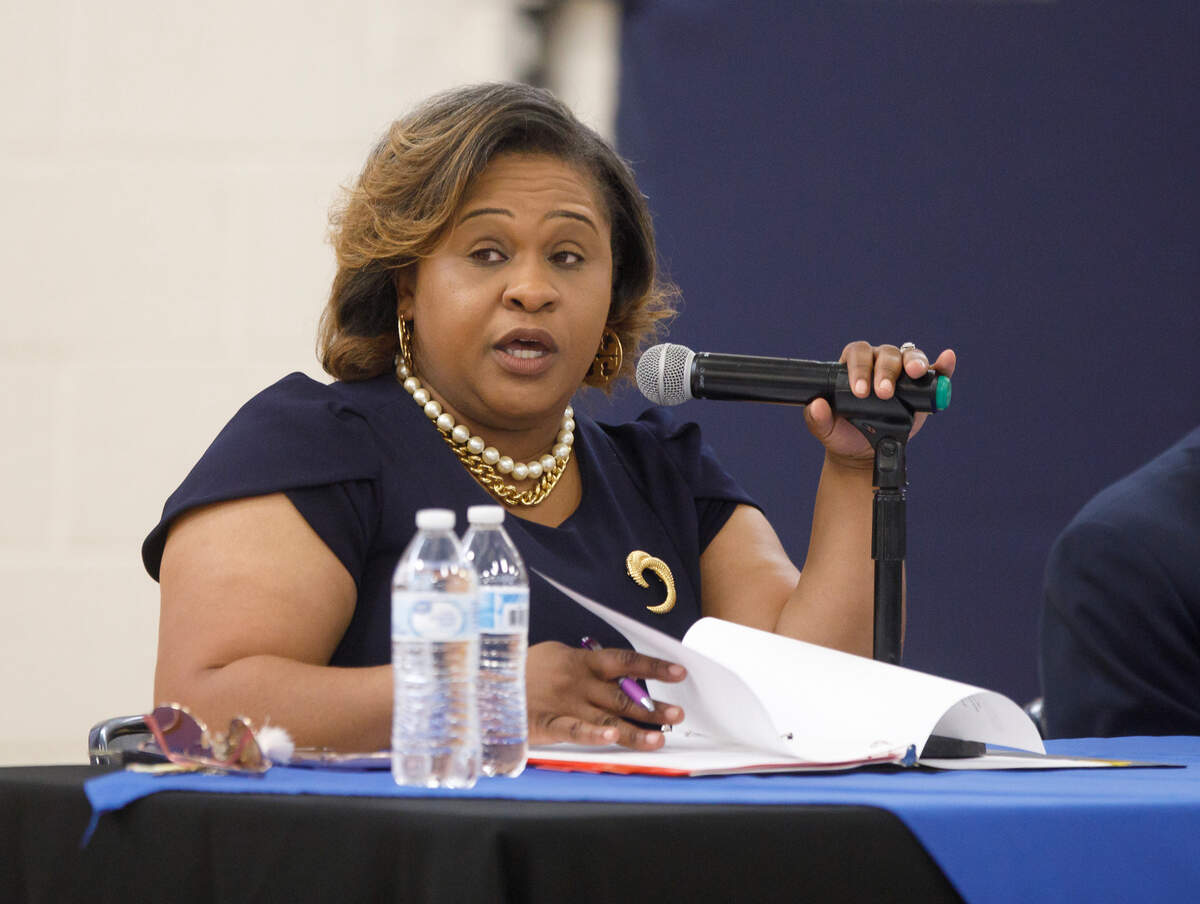 Zebulon Mayor Pro Tem Jessica Harrison speaks during a town hall meeting on Monday, April 28, 2025, at Zebulon Community Center.