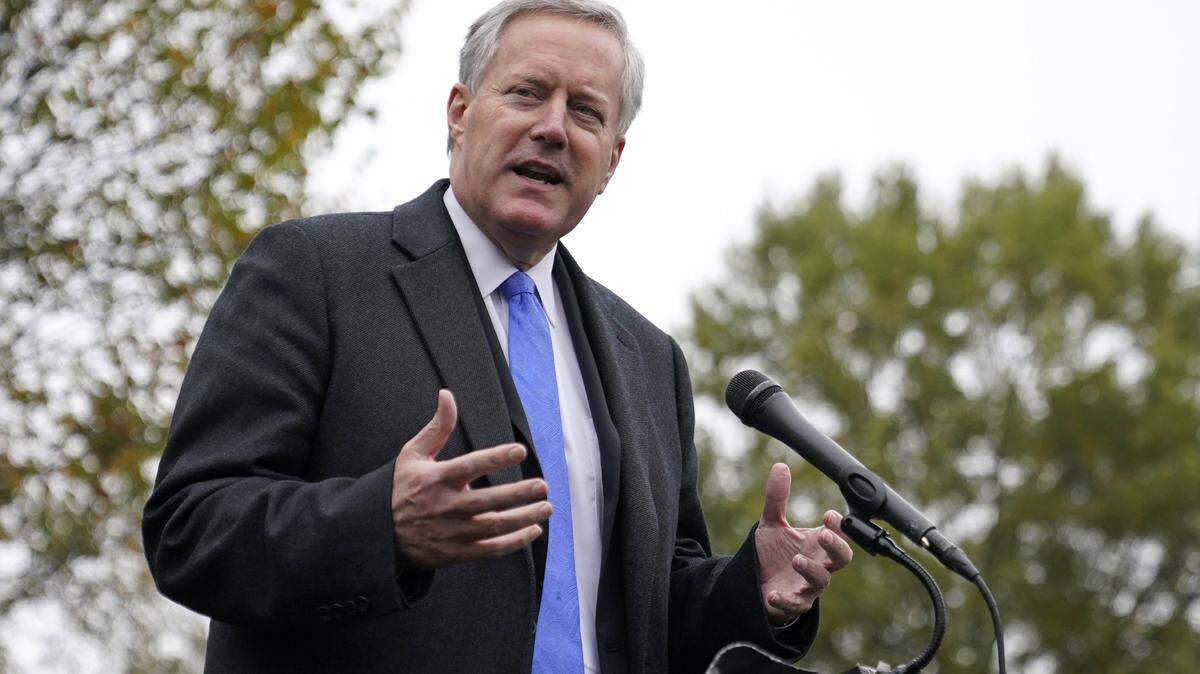 Former White House chief of staff Mark Meadows speaks with reporters outside the White House, Monday, Oct. 26, 2020, in Washington.