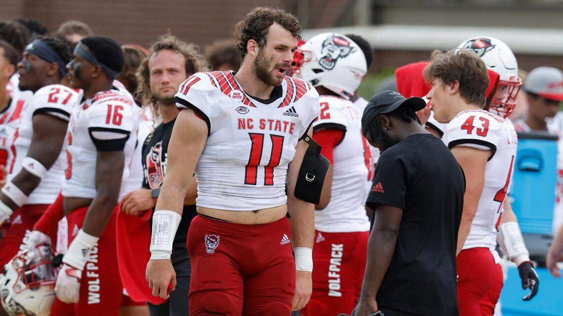 N.C. State linebacker Payton Wilson (11) walks the sideline during the first half of N.C. States game against ECU at Dowdy-Ficklen Stadium in Greenville, N.C., Saturday, Sept. 3, 2022.