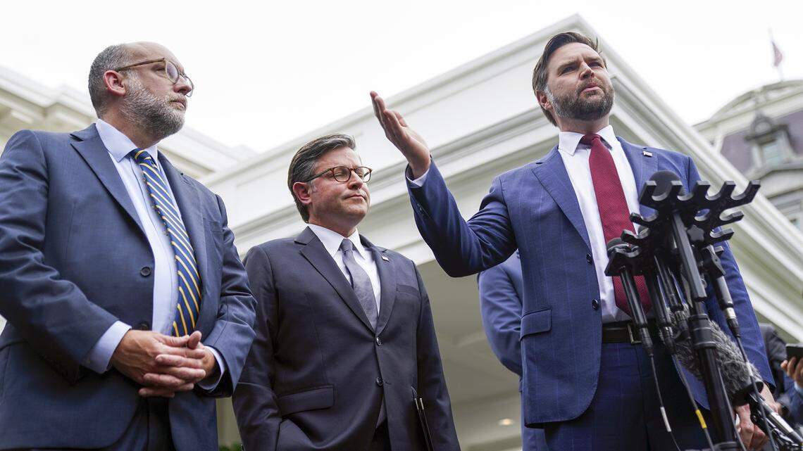 Office of Management and Budget director, left, was photographed with Speaker of the House Mike Johnson, center, and Vice President JD Vance at the White House in September. 