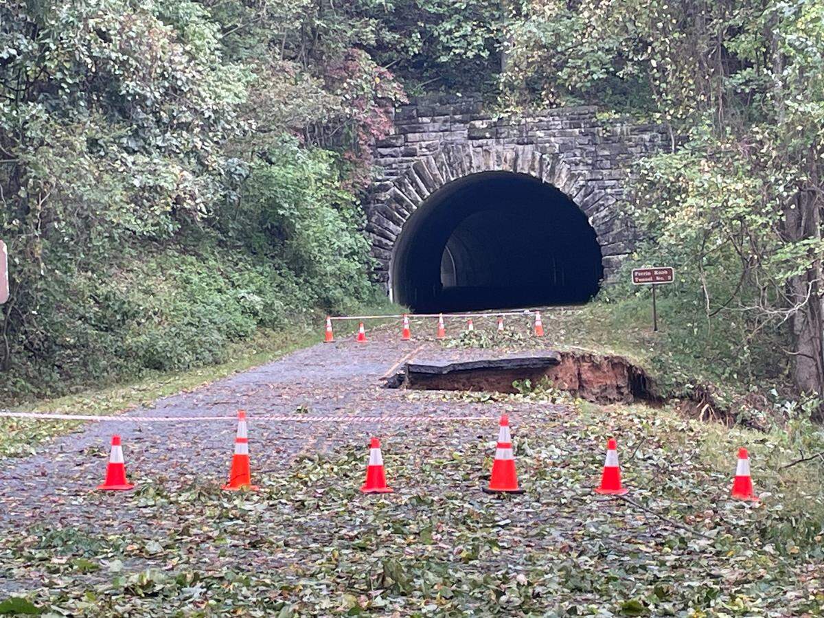 The Blue Ridge Parkway at the Ferrin Knob Tunnel in Buncombe County after the remnants of Hurricane Helene washed out the road. This section of the parkway remained closed as of Nov. 6, 2024.