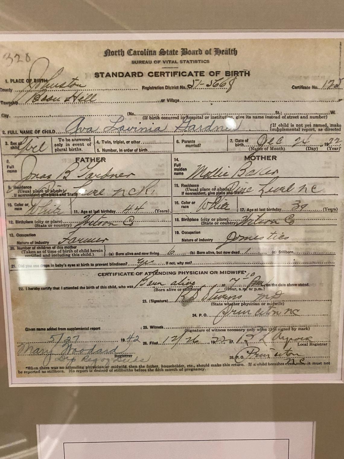 Ava Gardner would have turned 100 on Christmas Eve, and the NC-born starlet, who died in 1990, got a new addition to her museum in Smithfield: a copy of her 1922 birth certificate.