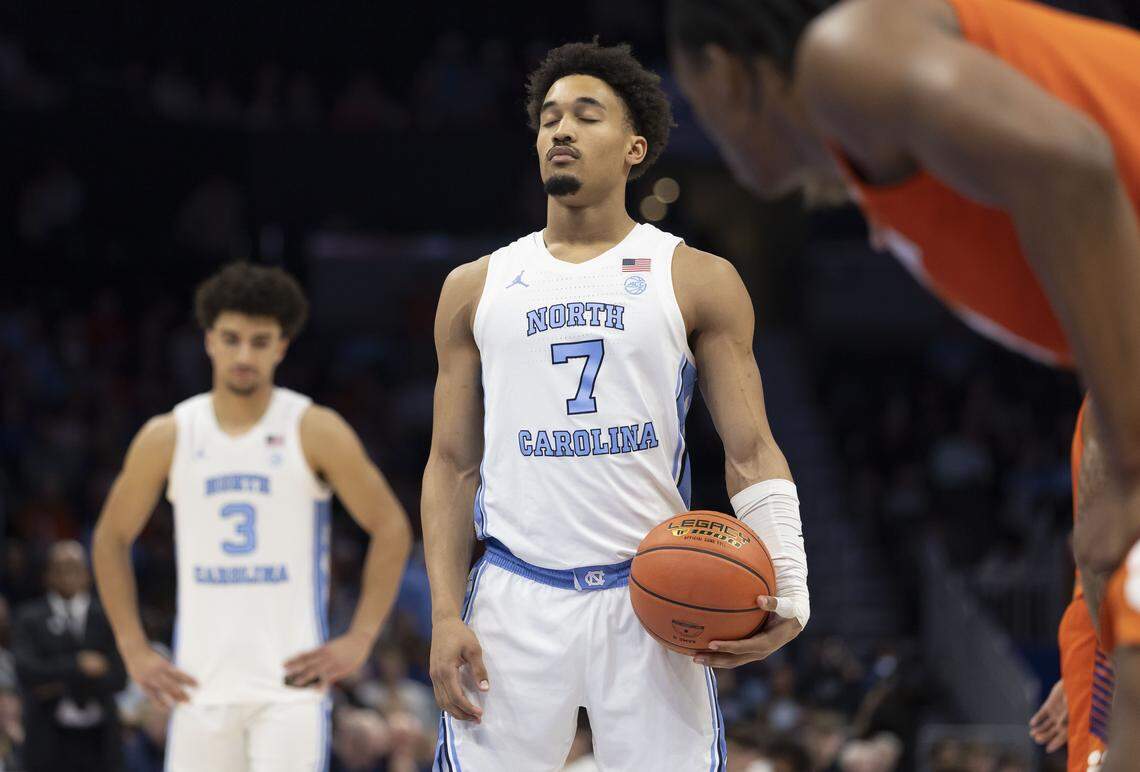 North Carolina guard Seth Trimble (7) concentrates during a free-throw attempt in the second half against Clemson during the quarterfinals of the ACC Tournament at Spectrum Center in Charlotte, N.C.