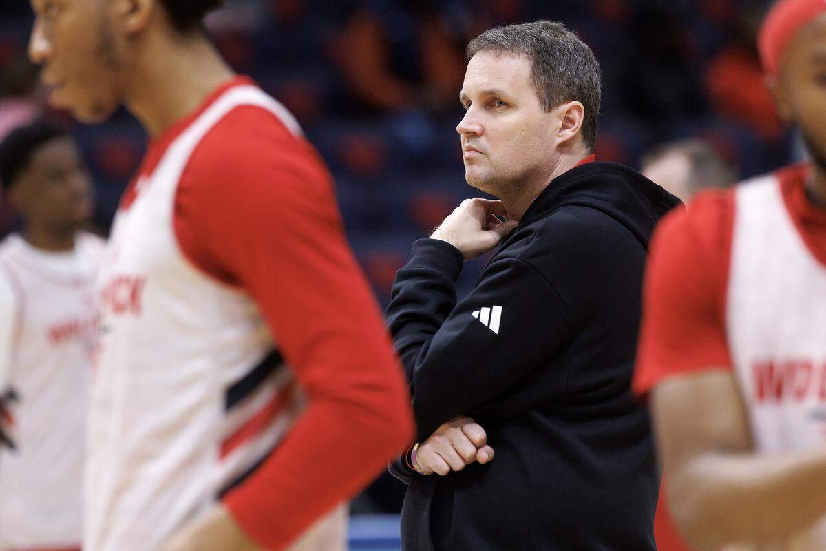 N.C. State head coach Will Wade watches during practice at University of Dayton Arena in Dayton, Ohio on Monday, March 16, 2026. The Wolfpack will face Texas in the First Four on Tuesday.