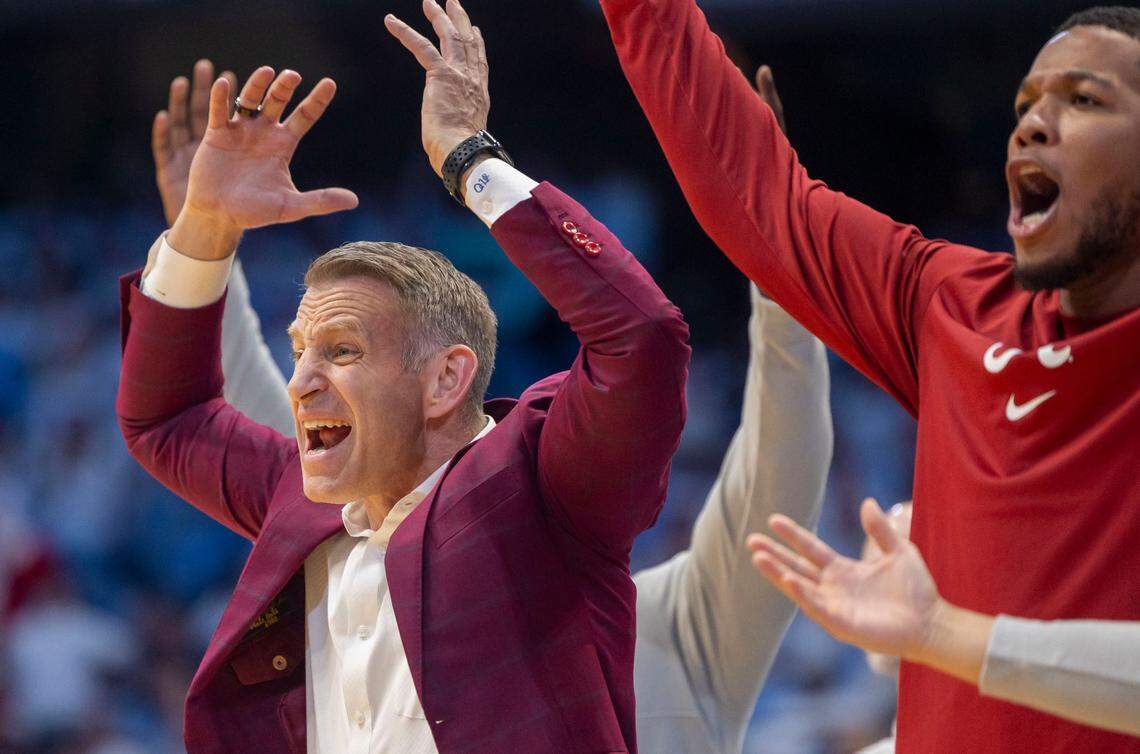 Alabama coach Nate Oats reacts to a foul against his team in the first half against North Carolina in the first half on Wednesday, December 4, 2024 at the Smith Center in Chapel Hill, N.C.