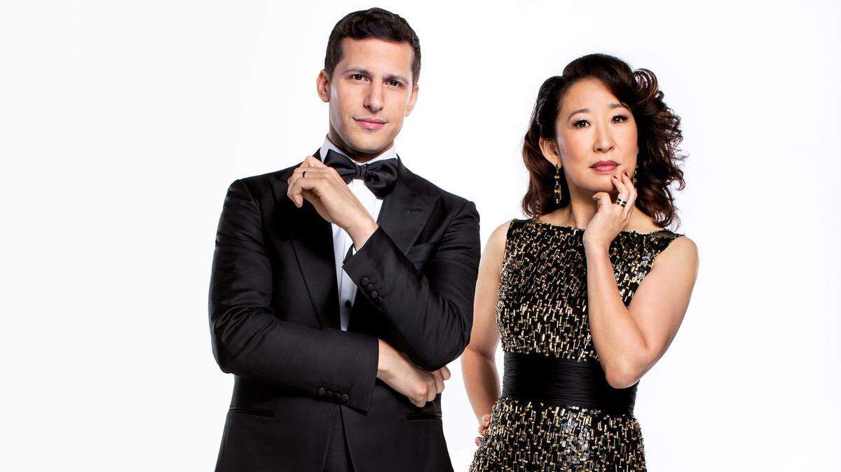 THE GOLDEN GLOBE AWARDS -- Andy Samberg & Sandra Oh -- Pictured: (l-r) Andy Samberg, Sandra Oh -- (Photo by: Trae Patton/NBC)
