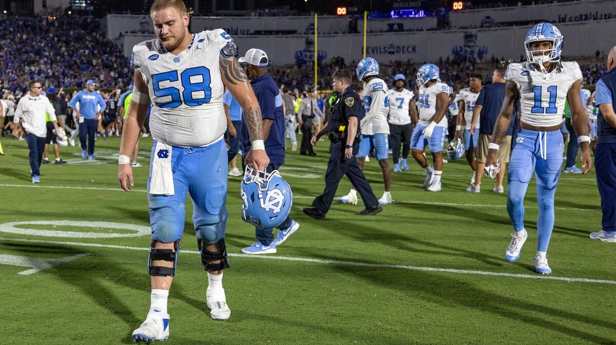 North Carolina center Austin Blaske (53) leaves the field following the Tar Heel’ 21-20 loss to Duke on Saturday, September 28, 2024 at Wallace Wade Stadium in Durham, N.C.