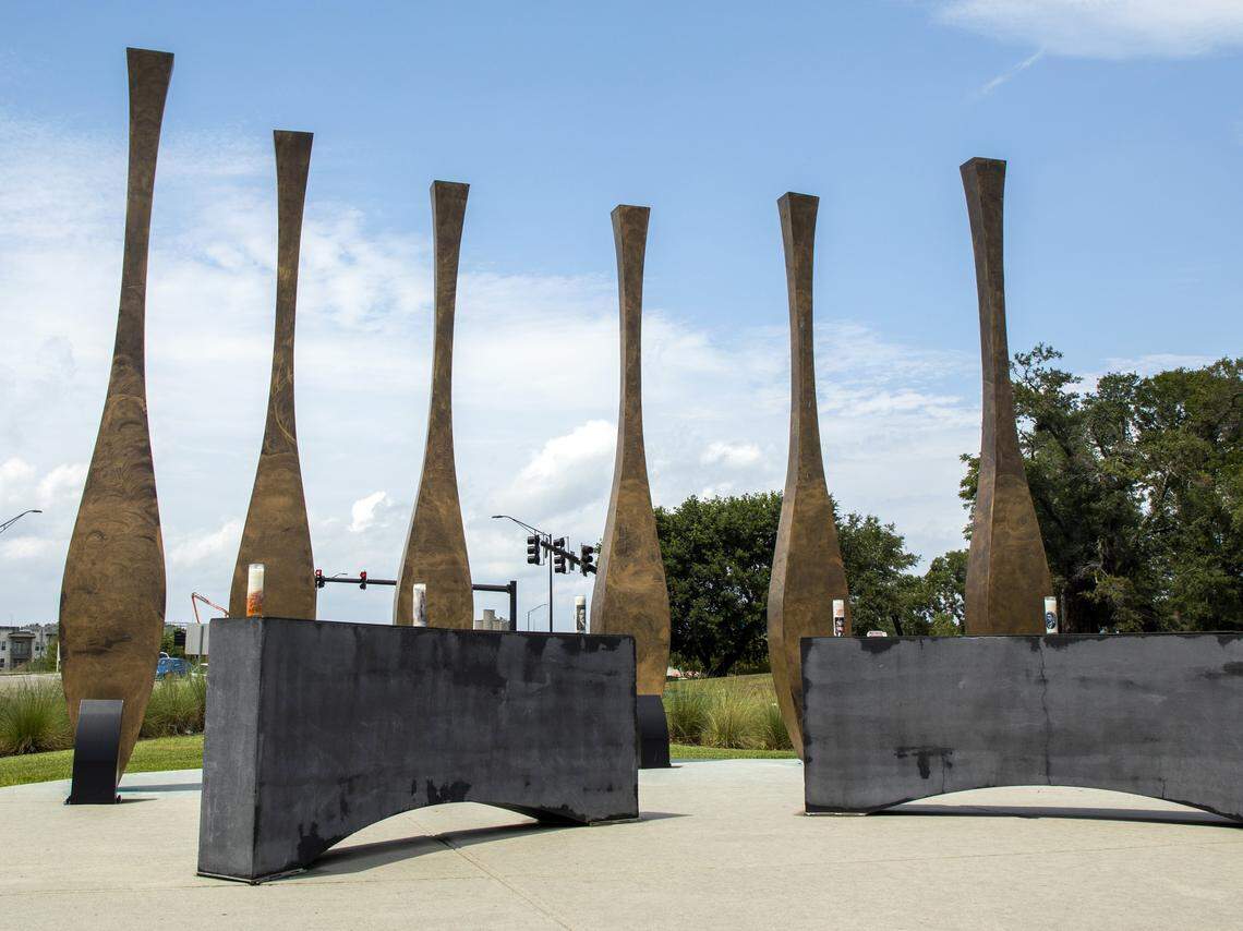 On Nov. 10, 1898, an armed mob of white supremacists took control of Wilmington from a thriving African-American community by burning down its newspaper, murdering dozens, and banishing more to the swamps. It is known as the only successful coup in US history, removing several rightfully elected African-Americans from local and state office. A memorial park now marks the historical event, photographed on Thursday, Aug. 15, 2019, in Wilmington, NC.