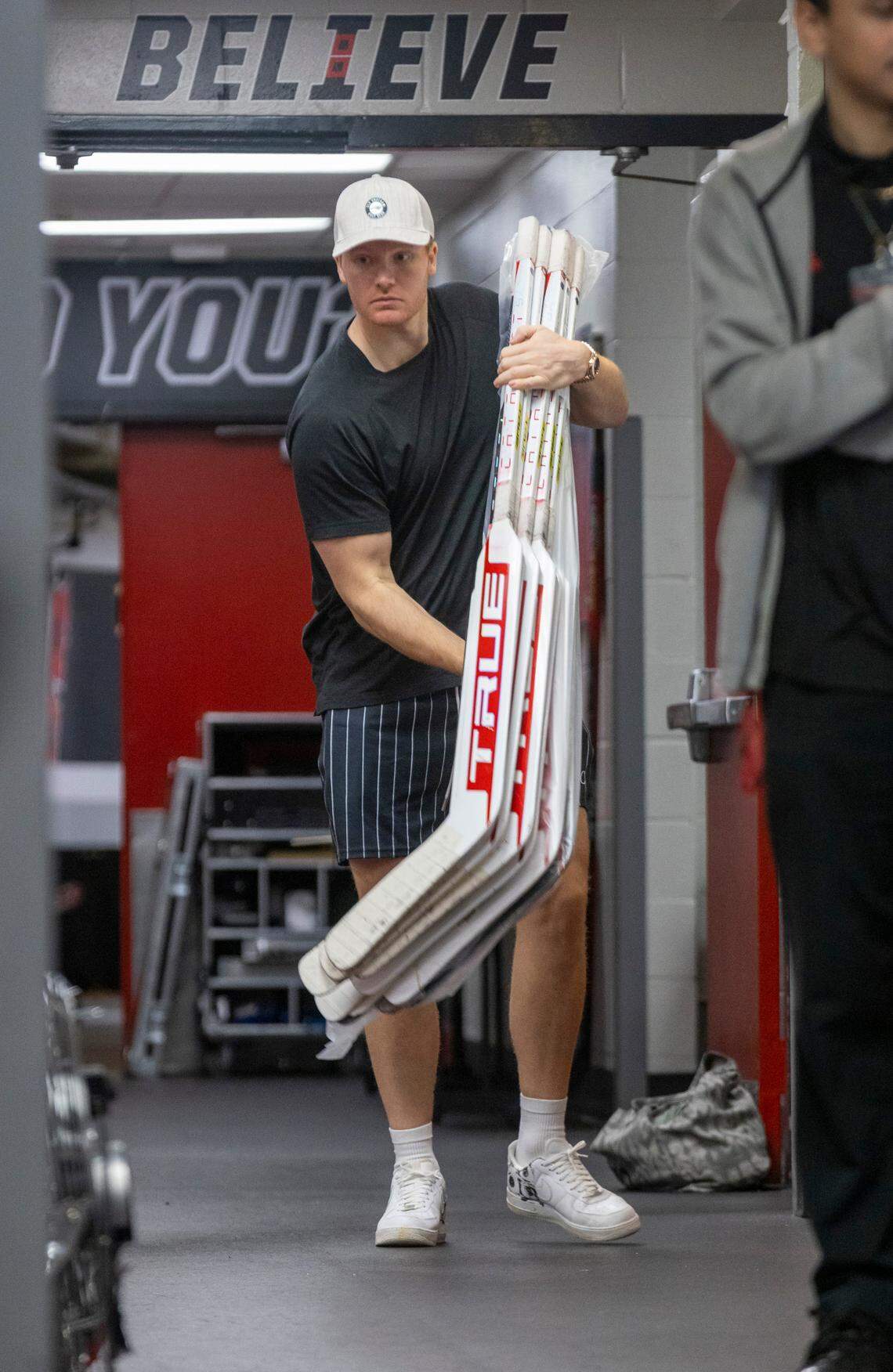 Carolina Hurricanes goalie Frederik Andersen packs up his equipment after doing end-of-season interviews on Friday, May 26, 2023 at PNC Arena in Raleigh, N.C.