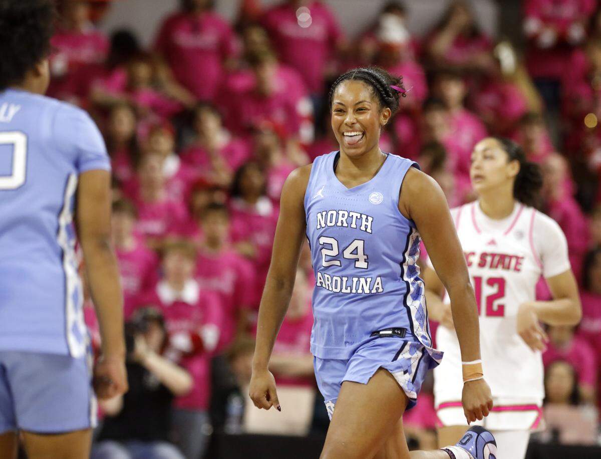 North Carolina’s Indya Nivar reacts during the second half of the Tar Heels’ 61-59 win over N.C. State on Monday, Feb. 2, 2026, at Reynolds Coliseum in Raleigh, N.C.