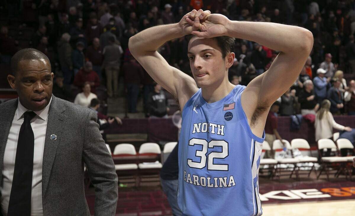 North Carolina’s Justin Pierce (32) leaves the court following the Tar Heels’ 79-77 loss in double overtime to Virginia Tech on Wednesday, January 22, 2020 at Cassell Coliseum in Blacksburg, Va.