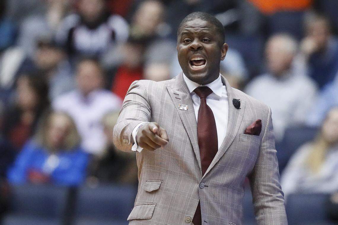 North Carolina Central coach LeVelle Moton points during the first half of the team’s First Four game of the NCAA men’s college basketball tournament against North Dakota State, Wednesday, March 20, 2019, in Dayton, Ohio.