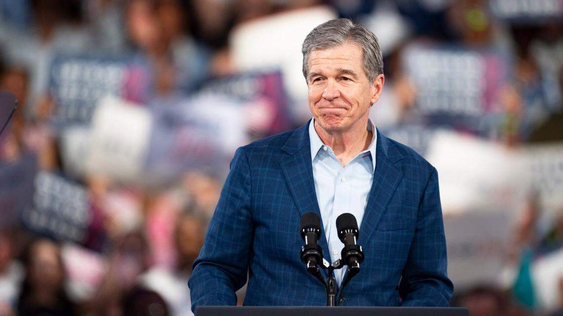 Gov. Roy Cooper speaks during a campaign event at the Jim Graham building at the North Carolina State Fairgrounds in Raleigh on Friday June 28, 2024.