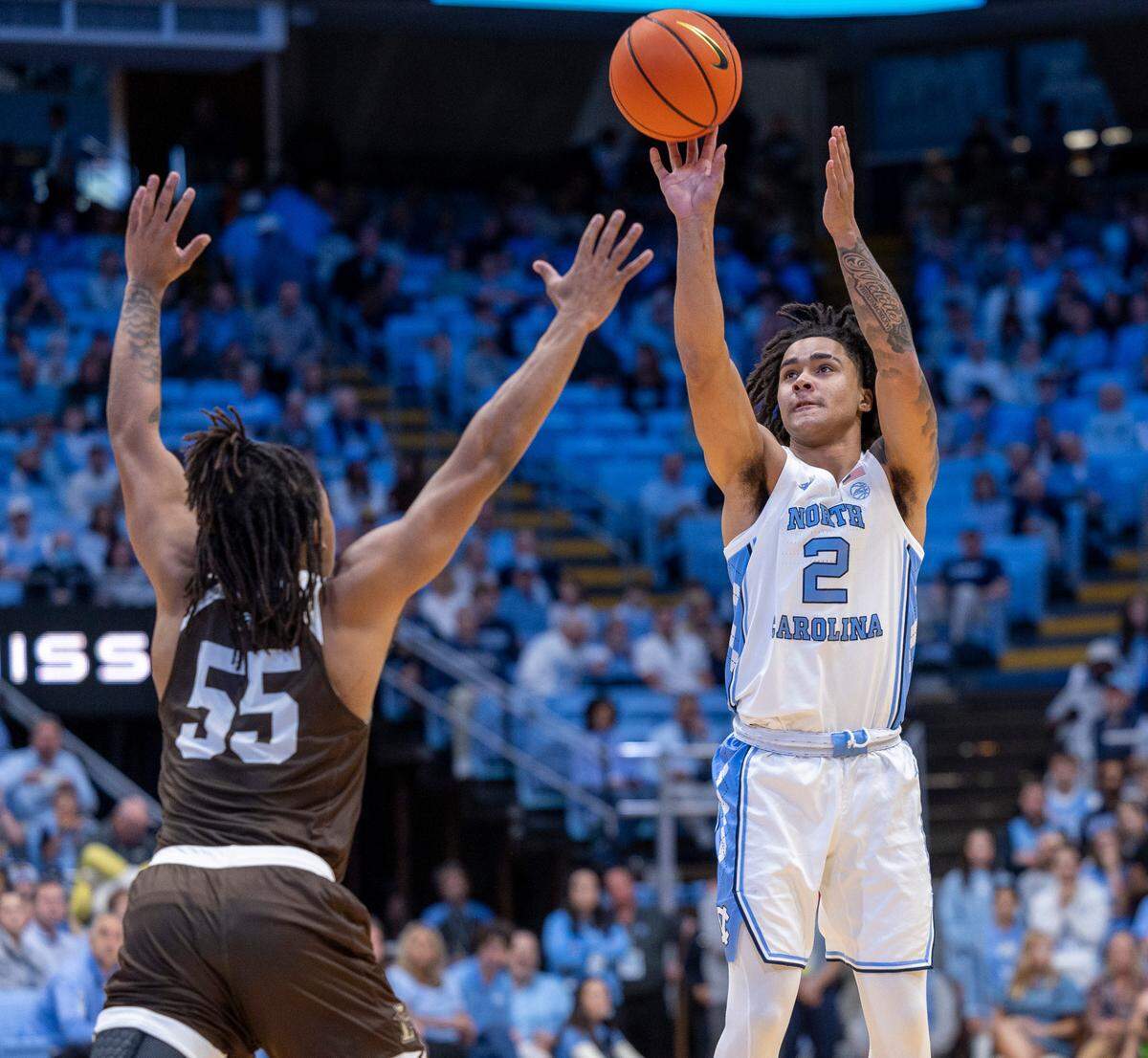 North Carolina’s Elliot Cadeau (2) puts up a shot against Lehigh’s Jalin Sinclair (55) in the first half on Sunday, November 12, 2023 at the Smith Center in Chapel Hill, N.C.