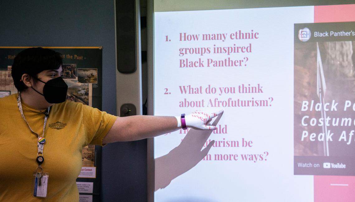 Social studies teacher Jessica Caso uses clips from the movie Black Panther to teach part of an African history lesson to her 7th grade class at McDougle Middle School in Chapel Hill, N.C. on Friday, Feb. 18, 2022.