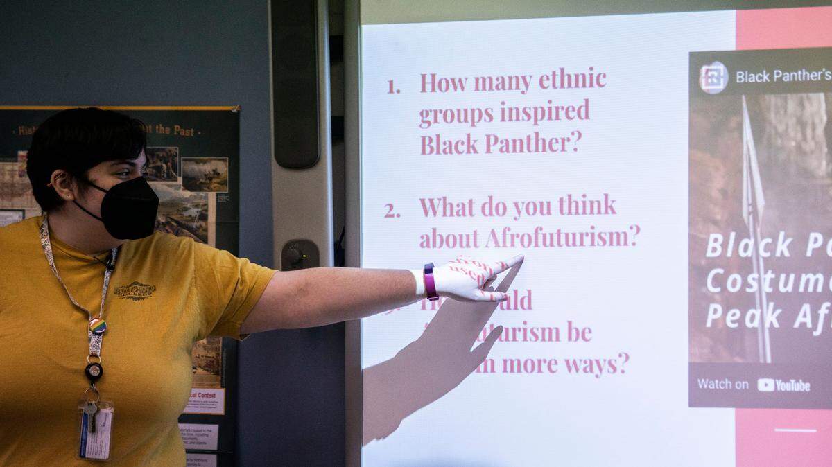 Social studies teacher Jessica Caso uses clips from the movie Black Panther to teach part of an African history lesson to her 7th grade class at McDougle Middle School in Chapel Hill on Feb. 18, 2022. A bill making its way through the NC legislature would limit how teachers can discuss racism.
