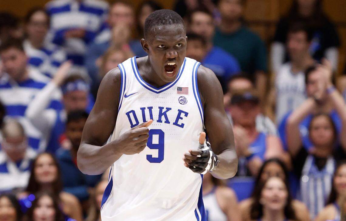 Duke’s Khaman Maluach (9) celebrates after ASU turned the ball over with a shot clock violation during the second half of Duke’s 103-47 victory over Arizona State in the Brotherhood Run Charity Game at Cameron Indoor Stadium in Durham, N.C., Sunday, Oct. 27, 2024.