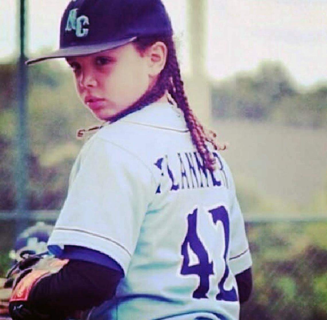 A young Boston Flannery on the mound wearing Jackie Robinson’s number 42.