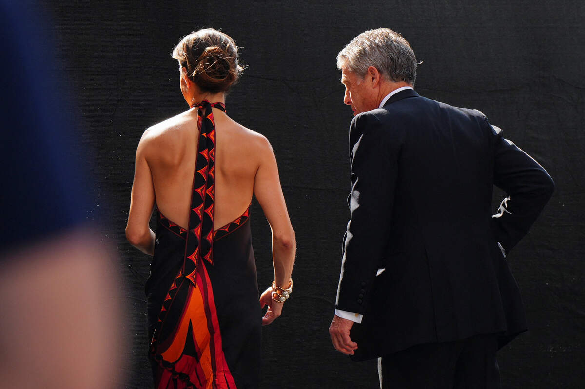 Hugh Grant with Anna Elisabet Eberstein arrive at Madison Square Garden, the venue for the reported wedding celebrations of Taylor Swift and Travis Kelce, in New York, U.S., July 3, 2026.
