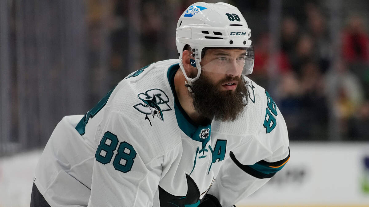 San Jose Sharks defenseman Brent Burns (88) plays against the Vegas Golden Knights during an NHL hockey game Tuesday, March 1, 2022, in Las Vegas. (AP Photo/John Locher)