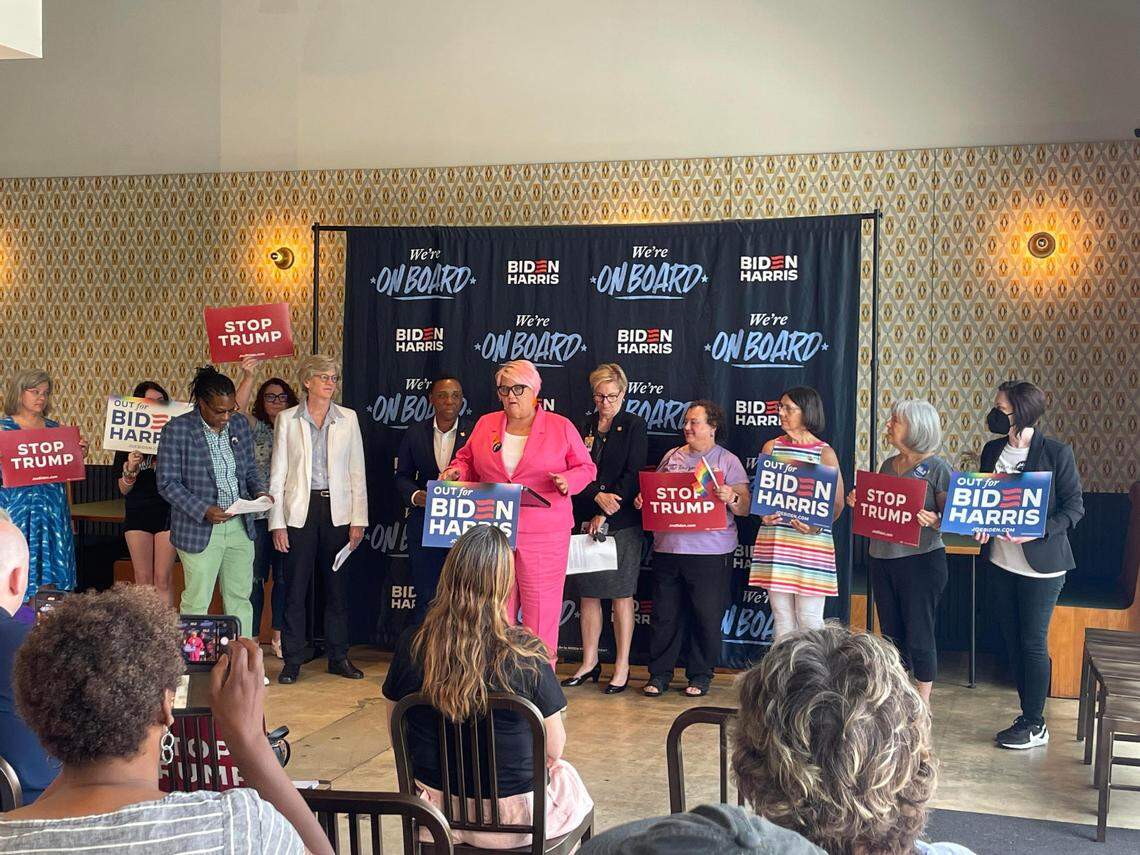 Rep. Allison Dahle speaks at a pride month press conference hosted by President Joe Biden’s reelection campaign.