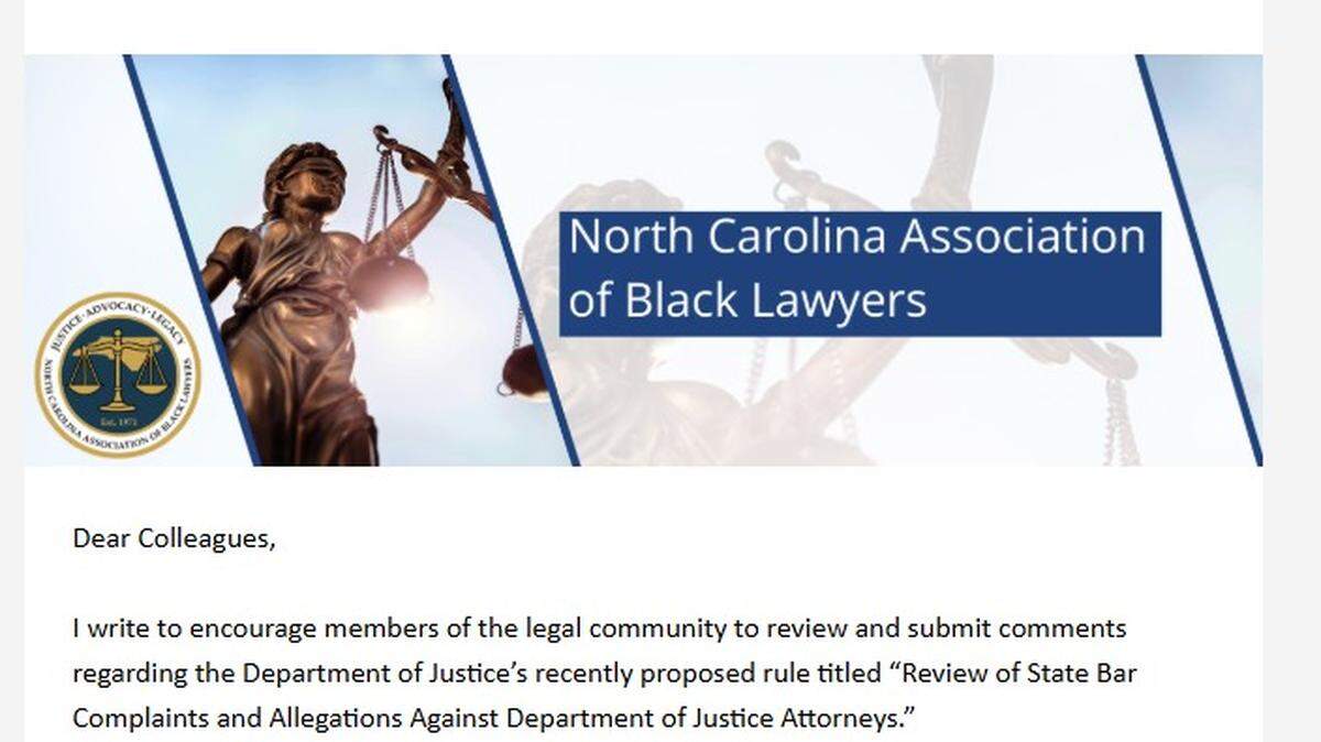 A screenshot of the top of the letter the North Carolina Association of Black Lawyers shared about a rule change that would allow U.S. Attorney General Pam Bondi to intervene into a North Carolina State Bar investigation into ethics complaints about federal attorneys.